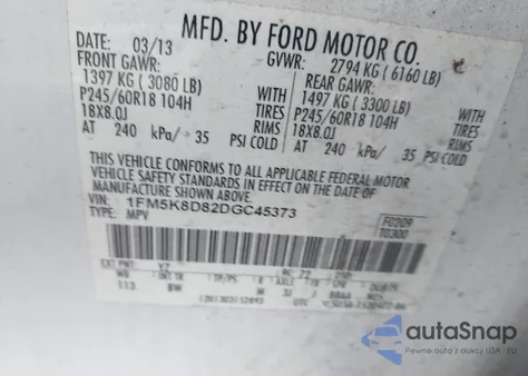 2013 Ford Explorer Xlt из США, поврежденный, VIN 1FM5K8D82DGC45373